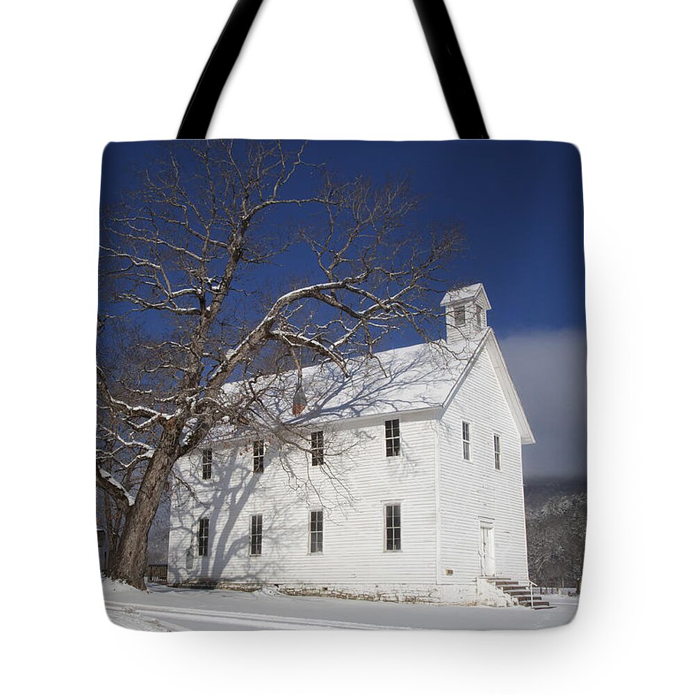 Boxley Baptist Church Tote Bag featuring the photograph Old Boxley Community Building and Church in Winter by Michael Dougherty