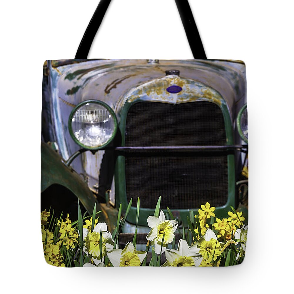 Old Tote Bag featuring the photograph Old Car And Daffodils by Garry Gay