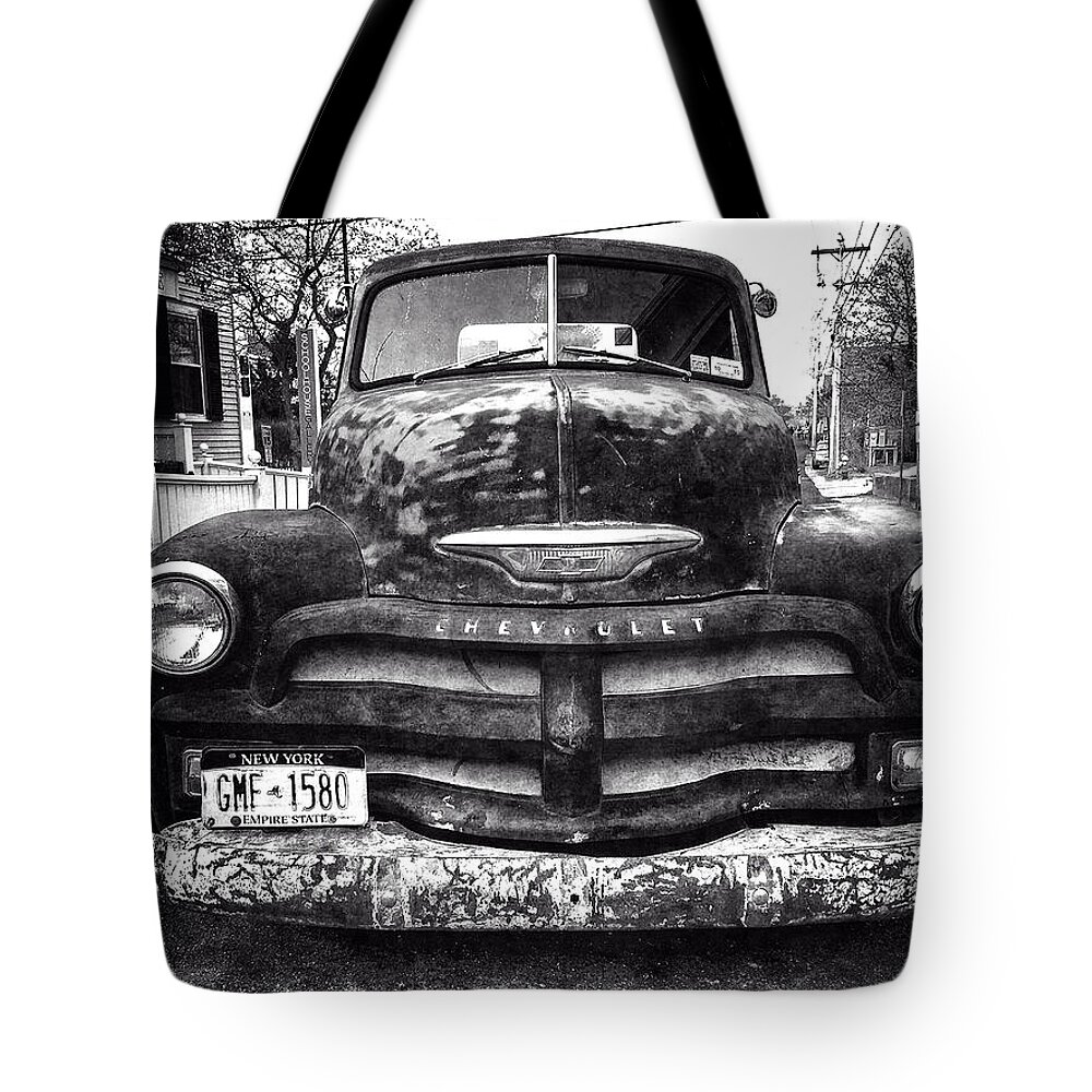 B&w Tote Bag featuring the photograph Old Chevy 2 by Frank Winters