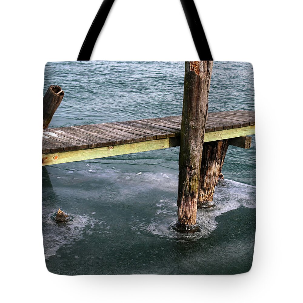 Pilings Tote Bag featuring the photograph Old Dock Winter 2017 1 by Mary Bedy