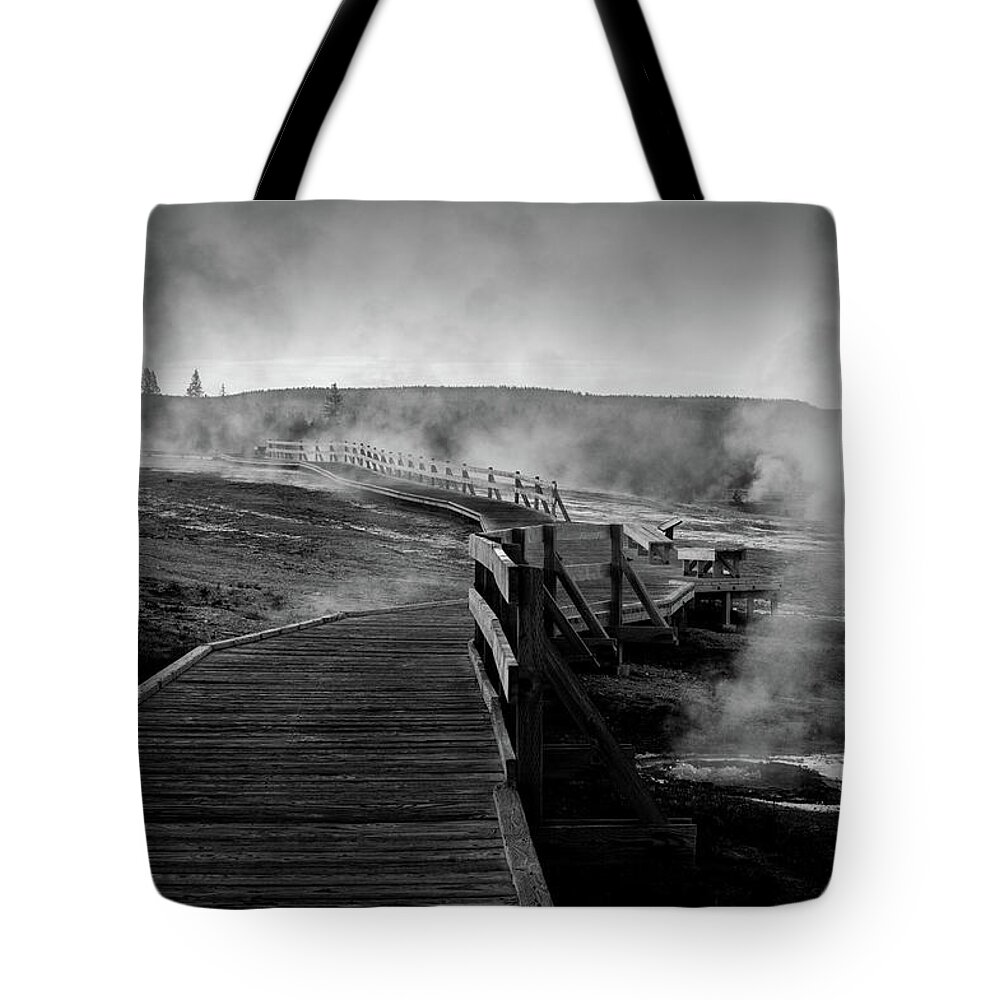 Old Faithful Tote Bag featuring the photograph Old Faithful boardwalk by Stephen Holst
