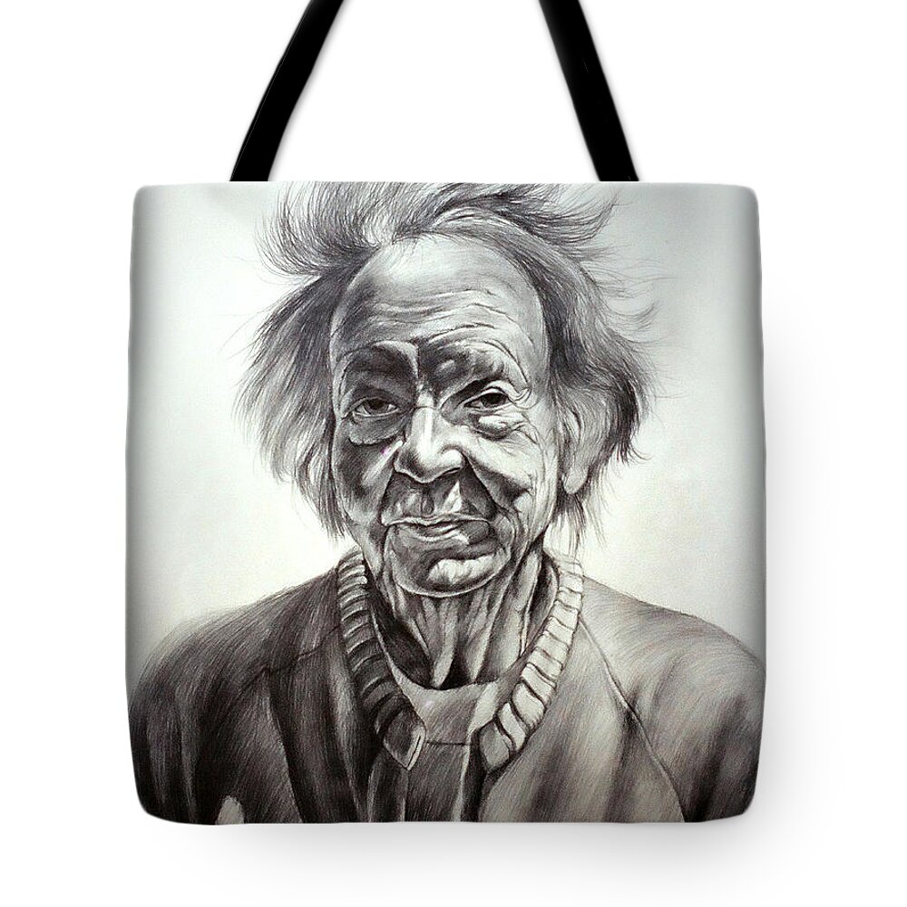 Old Lady Tote Bag featuring the drawing Old Farm Lady by Christopher Shellhammer