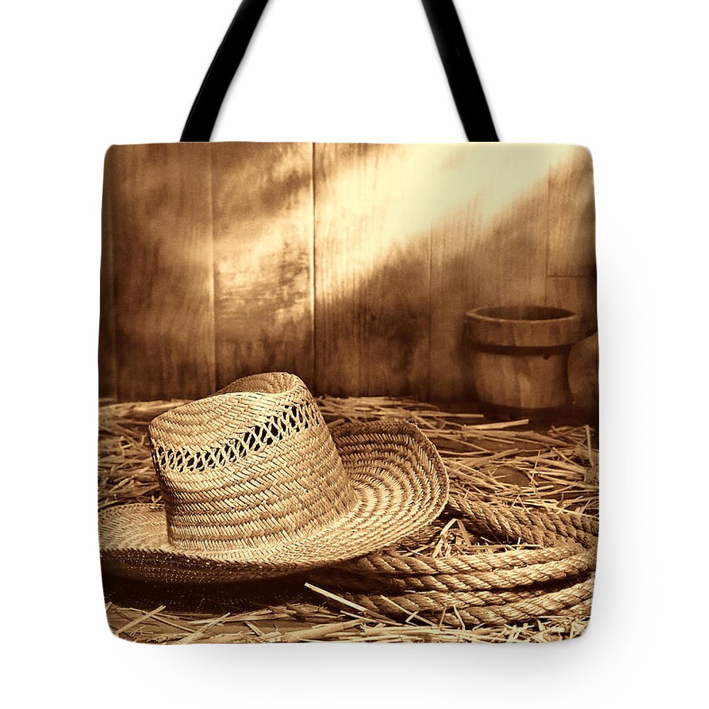Ranch Tote Bag featuring the photograph Old Farmer Hat and Rope by American West Legend By Olivier Le Queinec