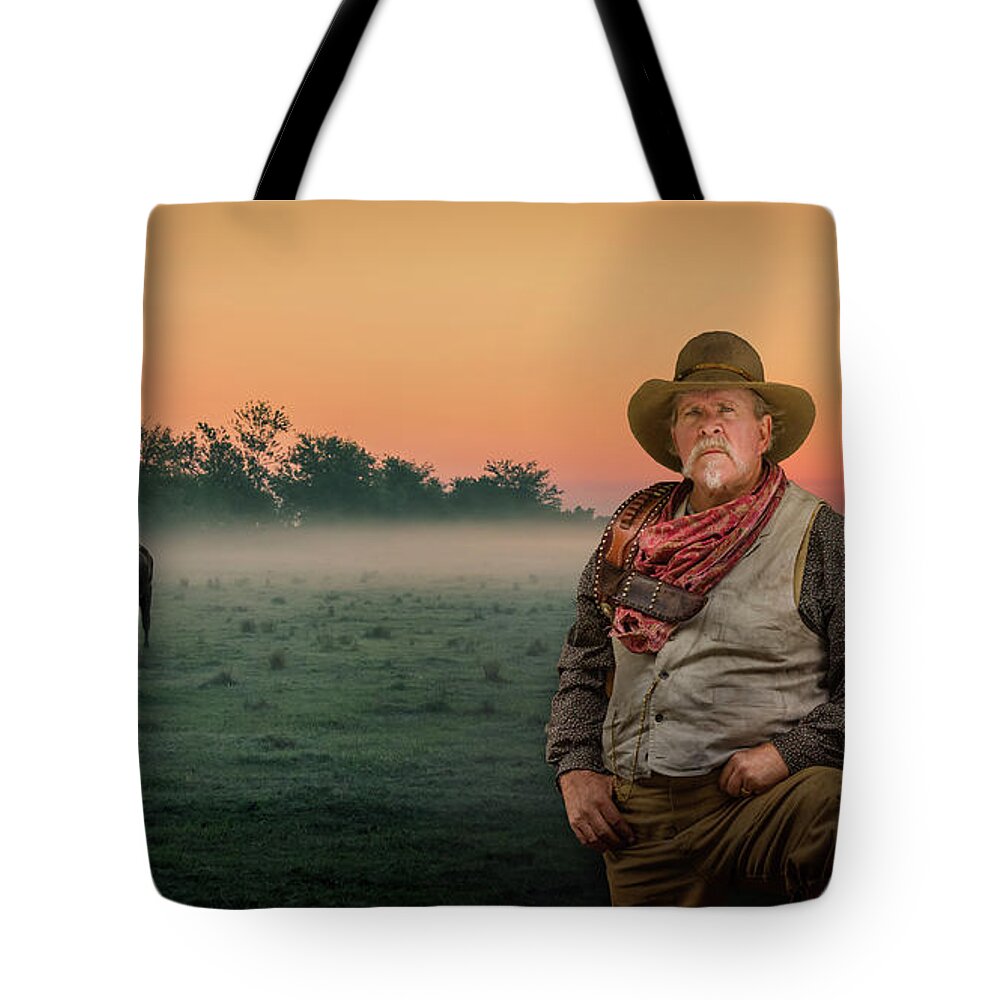Dry Creek Tote Bag featuring the photograph Old Farmer With Cows at Sunrise, Florida by Liesl Walsh