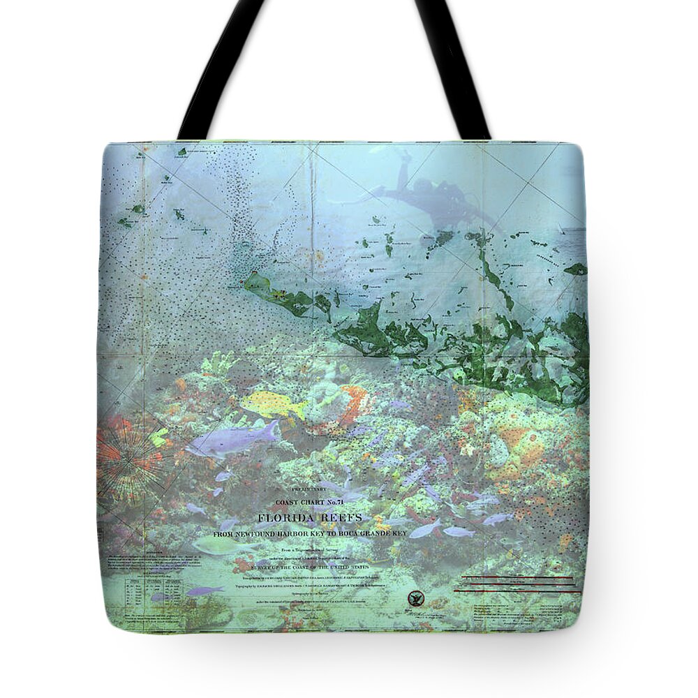 Atlantic Tote Bag featuring the photograph Old Florida Keys Reefs Map by Debra and Dave Vanderlaan