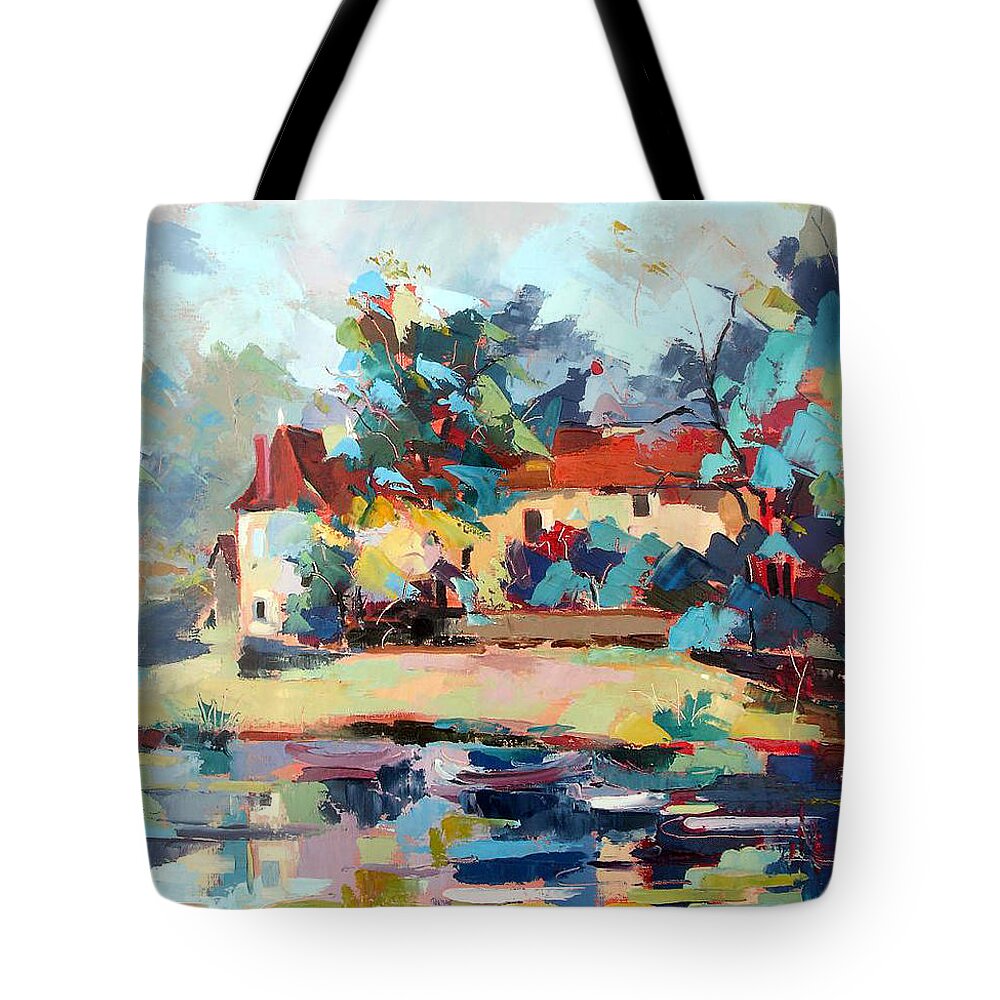  Tote Bag featuring the painting Old houses at Angles sur Anglin by Kim PARDON