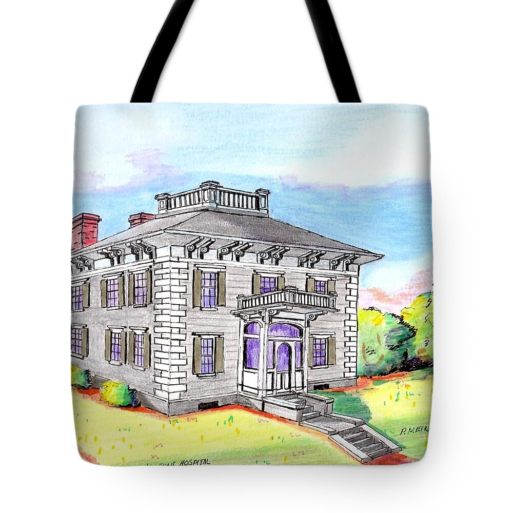 Drawings By Paul Meinerth Tote Bag featuring the drawing Old Hunt Hospital by Paul Meinerth