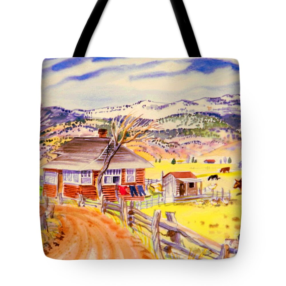  Old Log House On Ranch In Colorado Mountains Tote Bag featuring the painting Old log house Gyspum Creek by Annie Gibbons