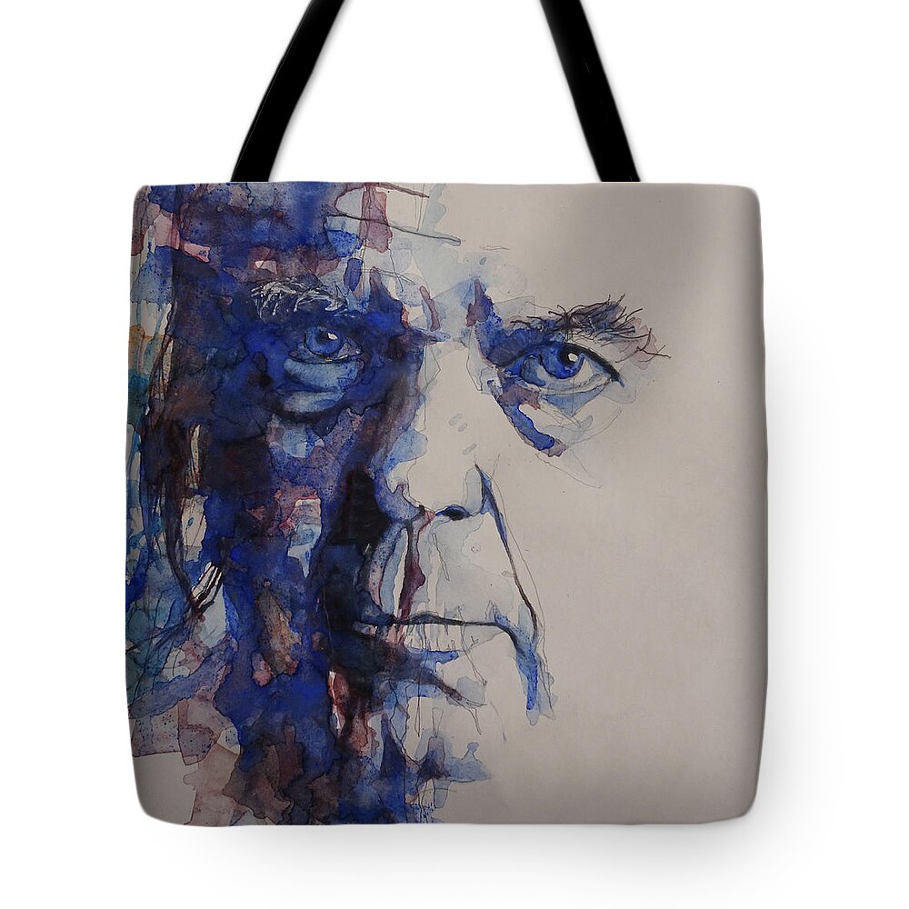 Neil Young Tote Bag featuring the painting Old Man - Neil Young by Paul Lovering