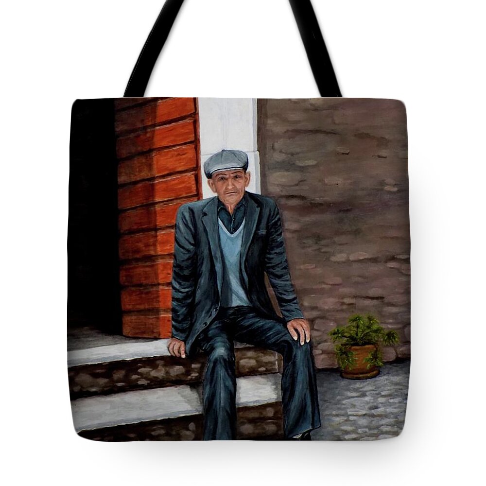 Old Man Tote Bag featuring the painting Old Man Waiting by Judy Kirouac