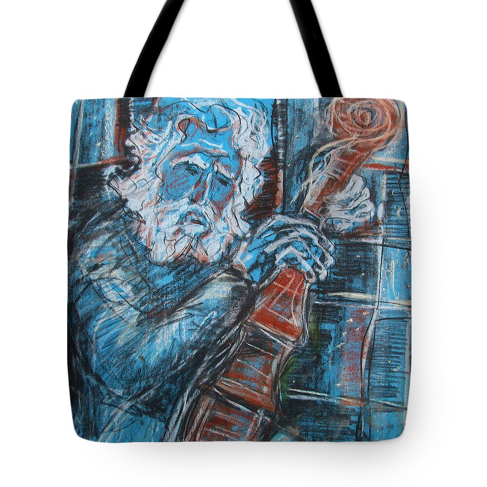 Original Art Pastel Chalk Drawing Old Man White Beard Playing Violin Tote Bag featuring the pastel Old Man's Violin by Katt Yanda