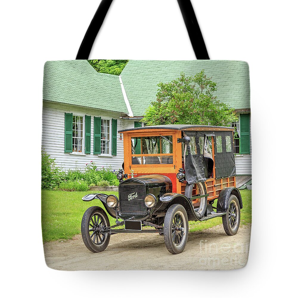 Model Tote Bag featuring the photograph Old Model T Ford in front of house by Edward Fielding