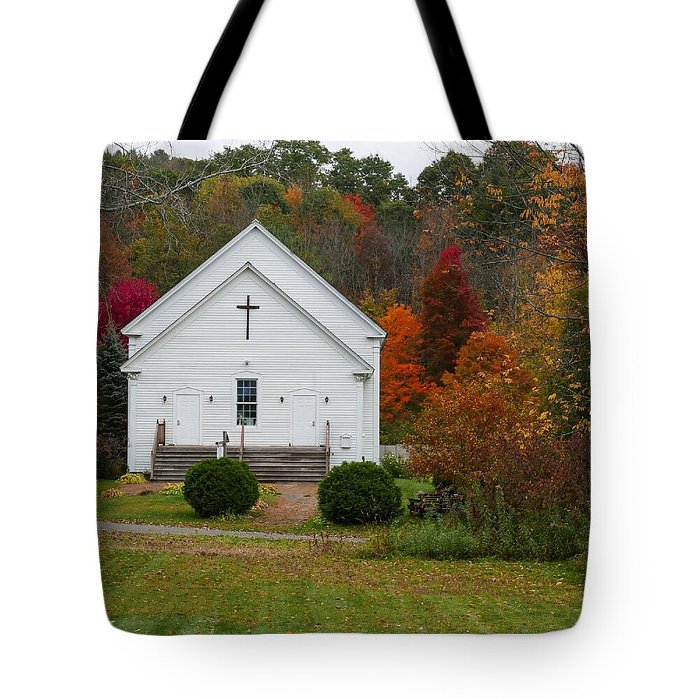 New England Church Tote Bag featuring the photograph Old New England Church in Colorful Fall Foliage by Robert Bellomy