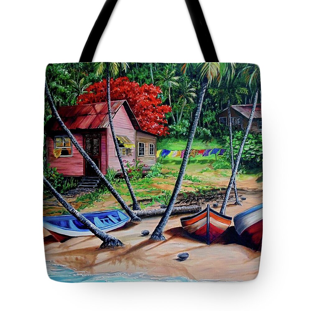 Tropical Tote Bag featuring the painting Old Palatuvia Tobago by Karin Dawn Kelshall- Best