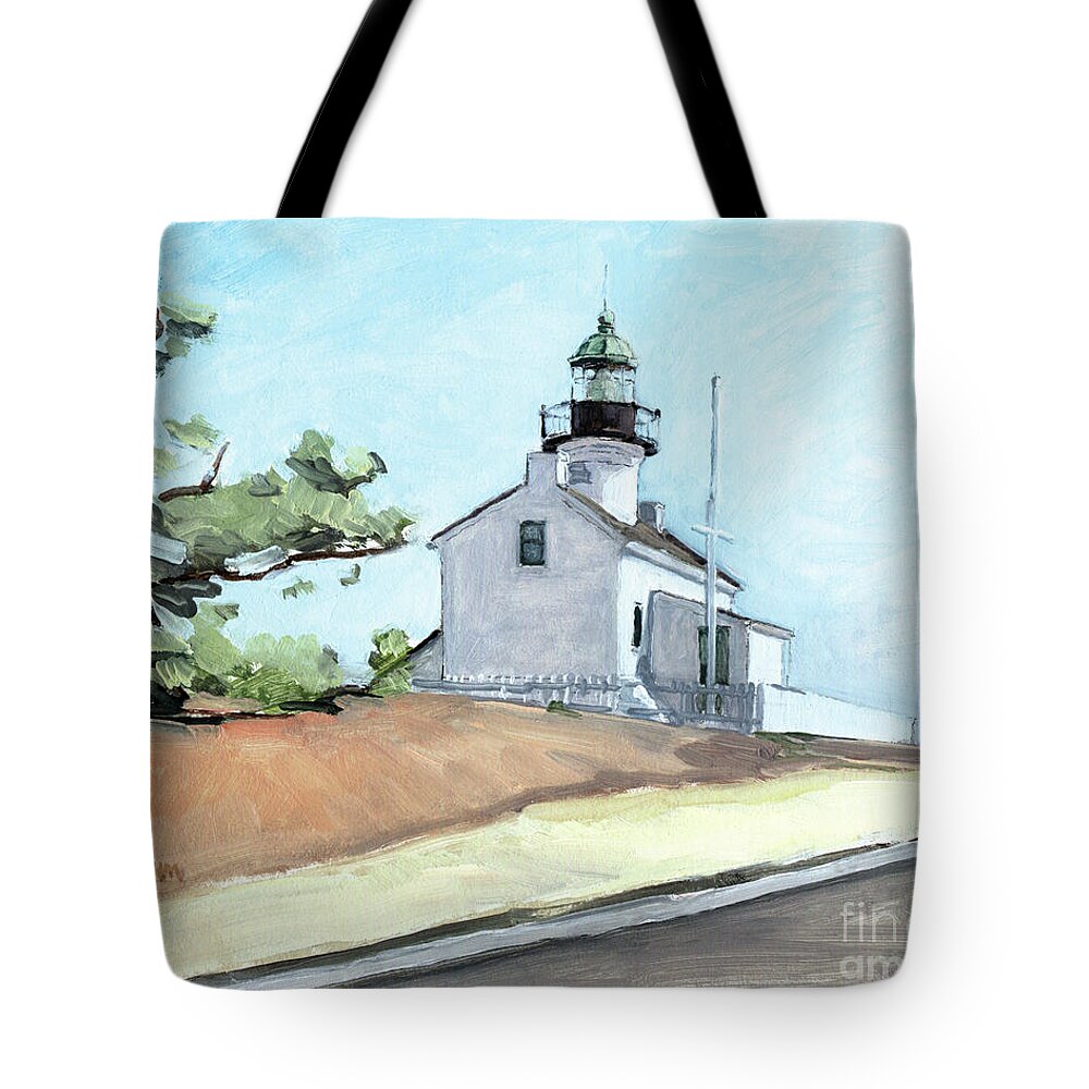 Point Loma Lighthouse Tote Bag featuring the painting Old Point Loma Lighthouse San Diego by Paul Strahm