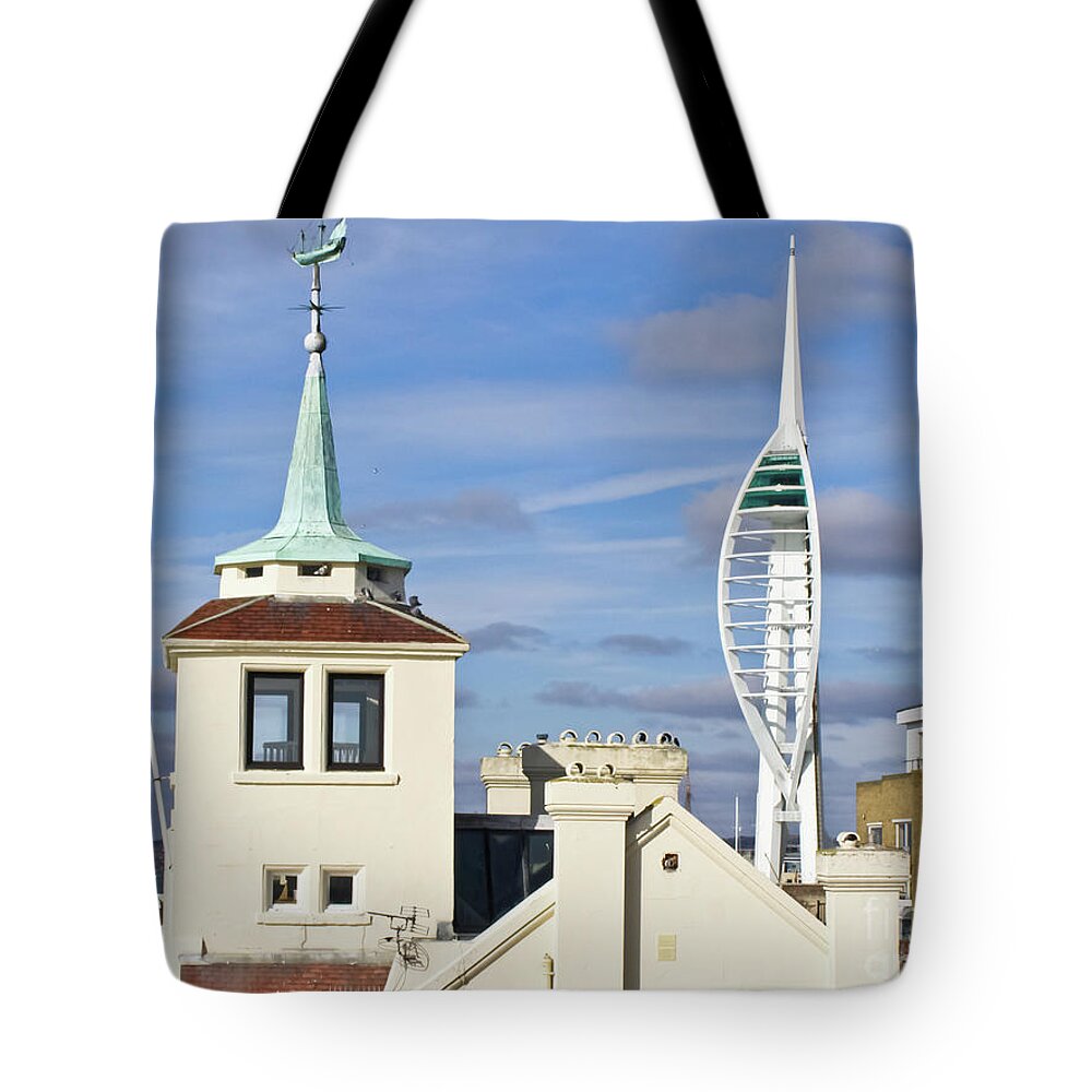 Portsmouth Spinaker Tower Tote Bag featuring the photograph Old Portsmouth's Towers by Terri Waters