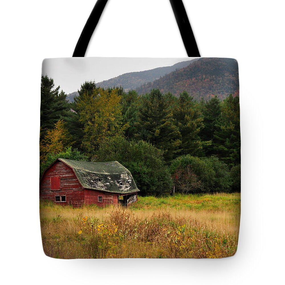 Red Tote Bag featuring the photograph Old Red Barn in the Adirondacks by Nancy De Flon
