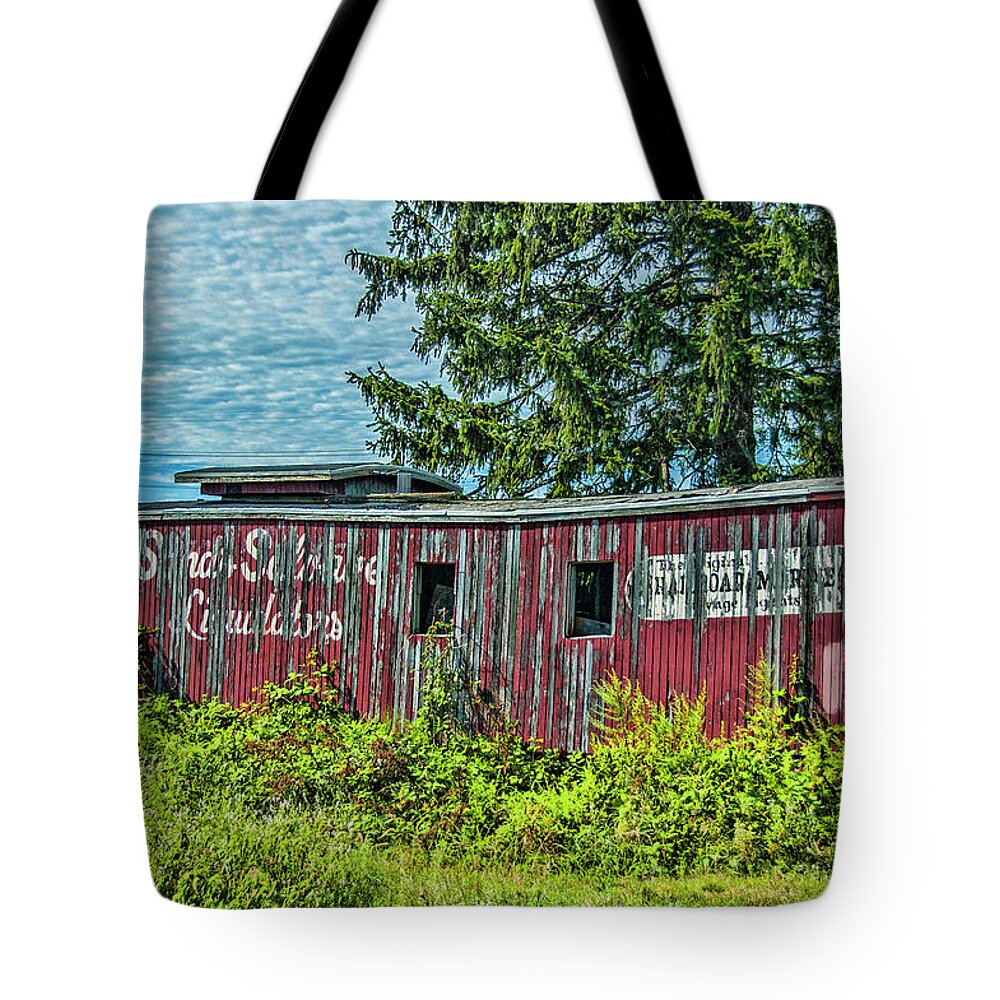 Caboose Tote Bag featuring the photograph Old Red Caboose by Cathy Kovarik