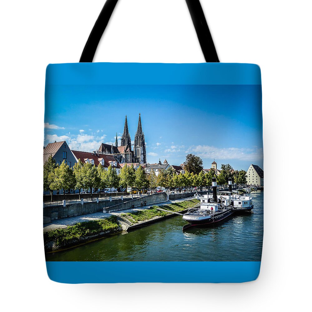 Regensgurg Tote Bag featuring the photograph Old Regensburg Cityscape by Pamela Newcomb