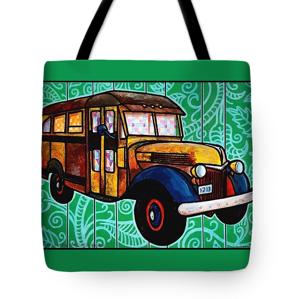 Bus Tote Bag featuring the painting Old Rusted School Bus with Quilted Windows by Jim Harris