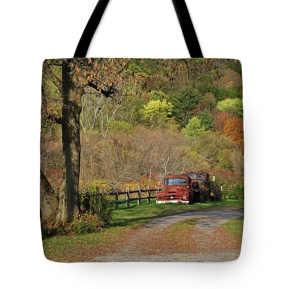 Bethel Tote Bag featuring the photograph Old Rusted Trucks Bethel Vermont VT New England Foliage Aurumn by Toby McGuire