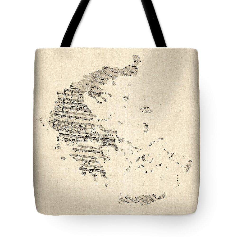 Greece Map Tote Bag featuring the digital art Old Sheet Music Map of Greece Map by Michael Tompsett