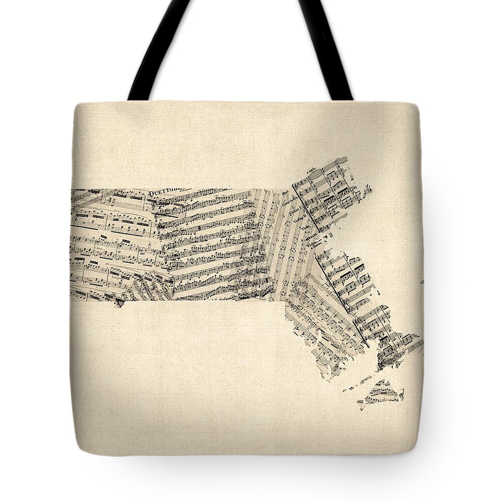 Massachusetts Tote Bag featuring the digital art Old Sheet Music Map of Massachusetts by Michael Tompsett