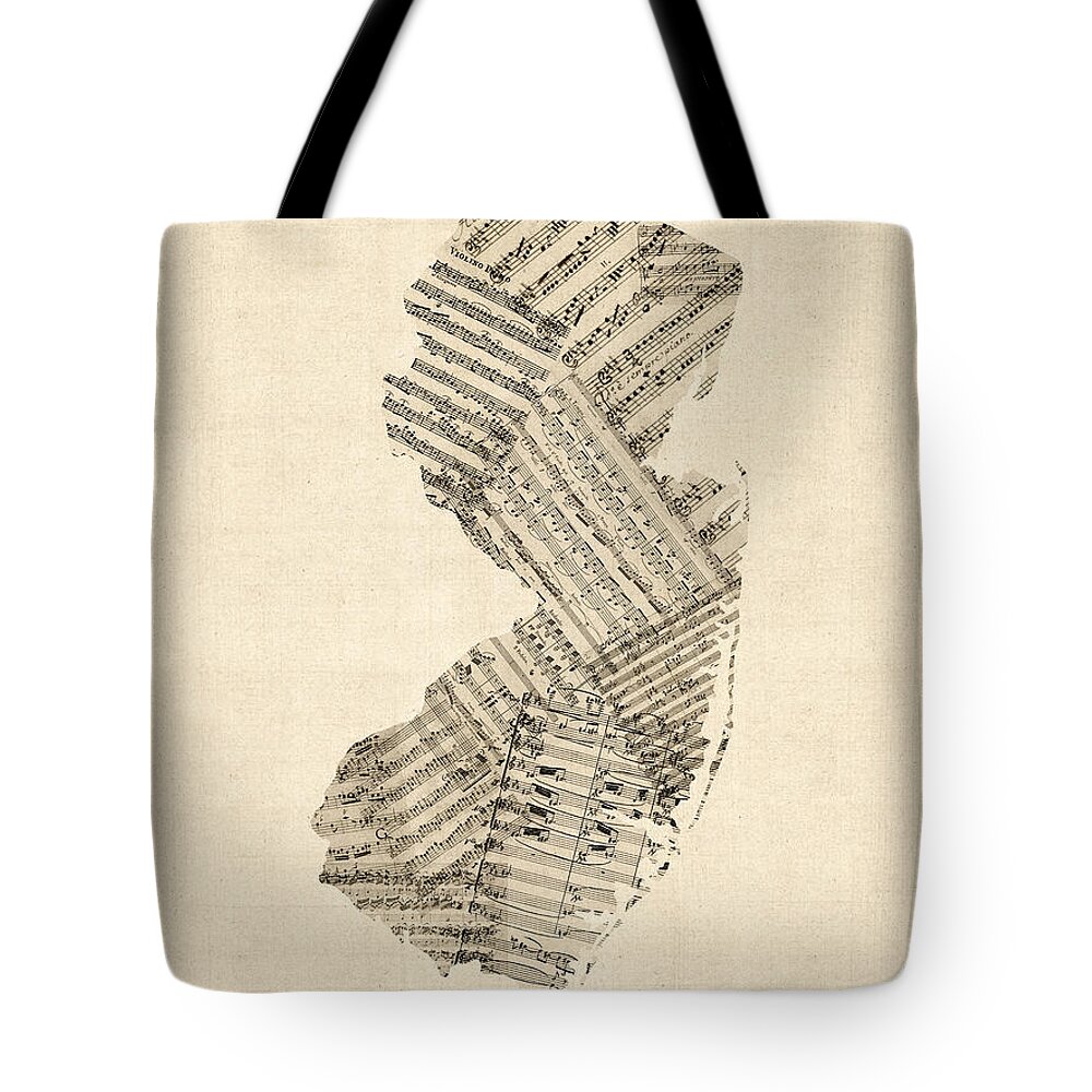 New Jersey Tote Bag featuring the digital art Old Sheet Music Map of New Jersey by Michael Tompsett