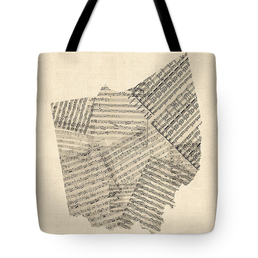 Ohio Tote Bag featuring the digital art Old Sheet Music Map of Ohio by Michael Tompsett