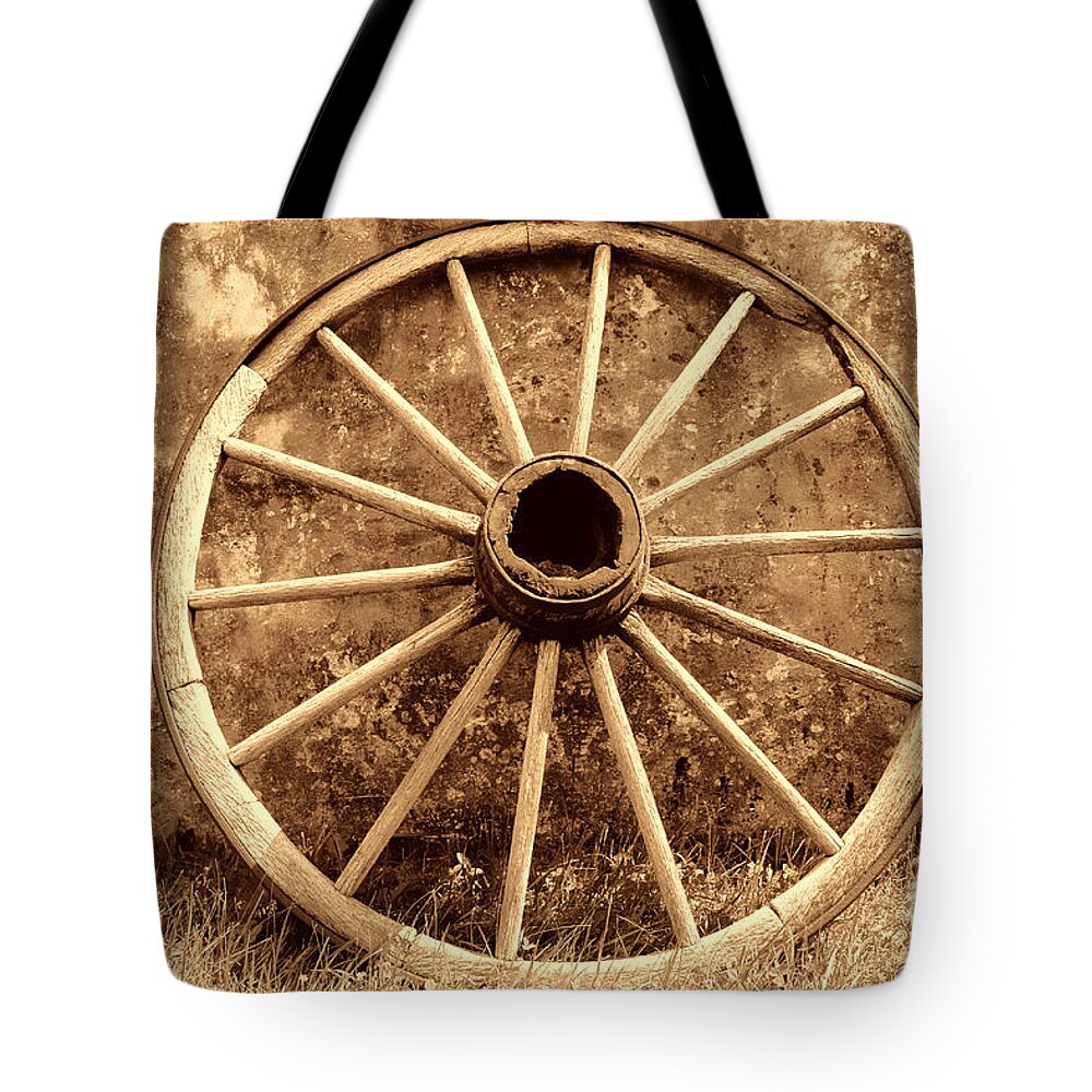 Wagon Tote Bag featuring the photograph Old Wagon Wheel by American West Legend By Olivier Le Queinec