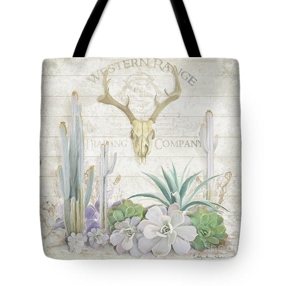 Deer Skull Tote Bag featuring the painting Old West Cactus Garden w Deer Skull n Succulents over Wood by Audrey Jeanne Roberts