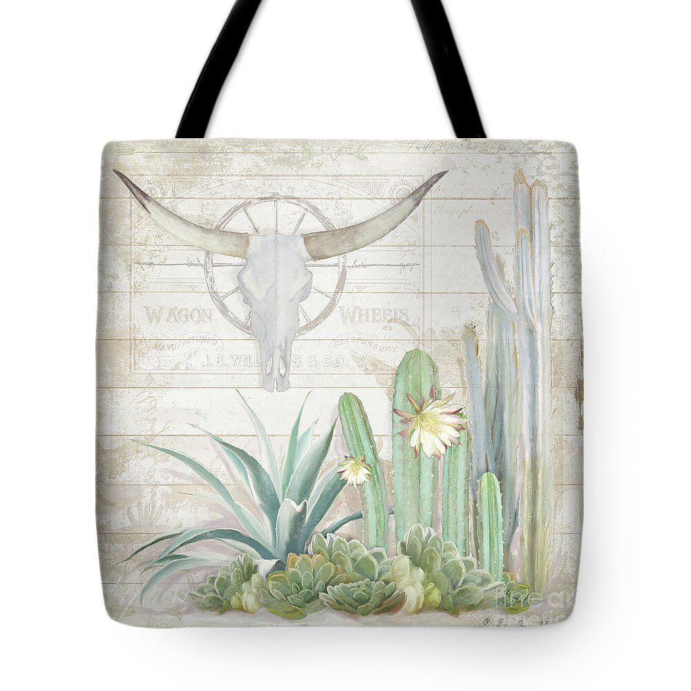 Longhorn Cow Skull Tote Bag featuring the painting Old West Cactus Garden w Longhorn Cow Skull n Succulents over Wood by Audrey Jeanne Roberts