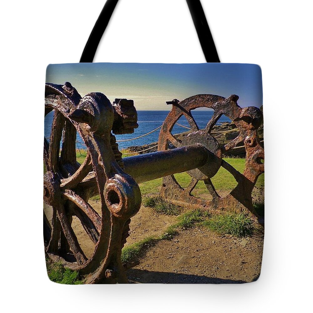 Winch Tote Bag featuring the photograph Old Winch Tintagel by Richard Brookes