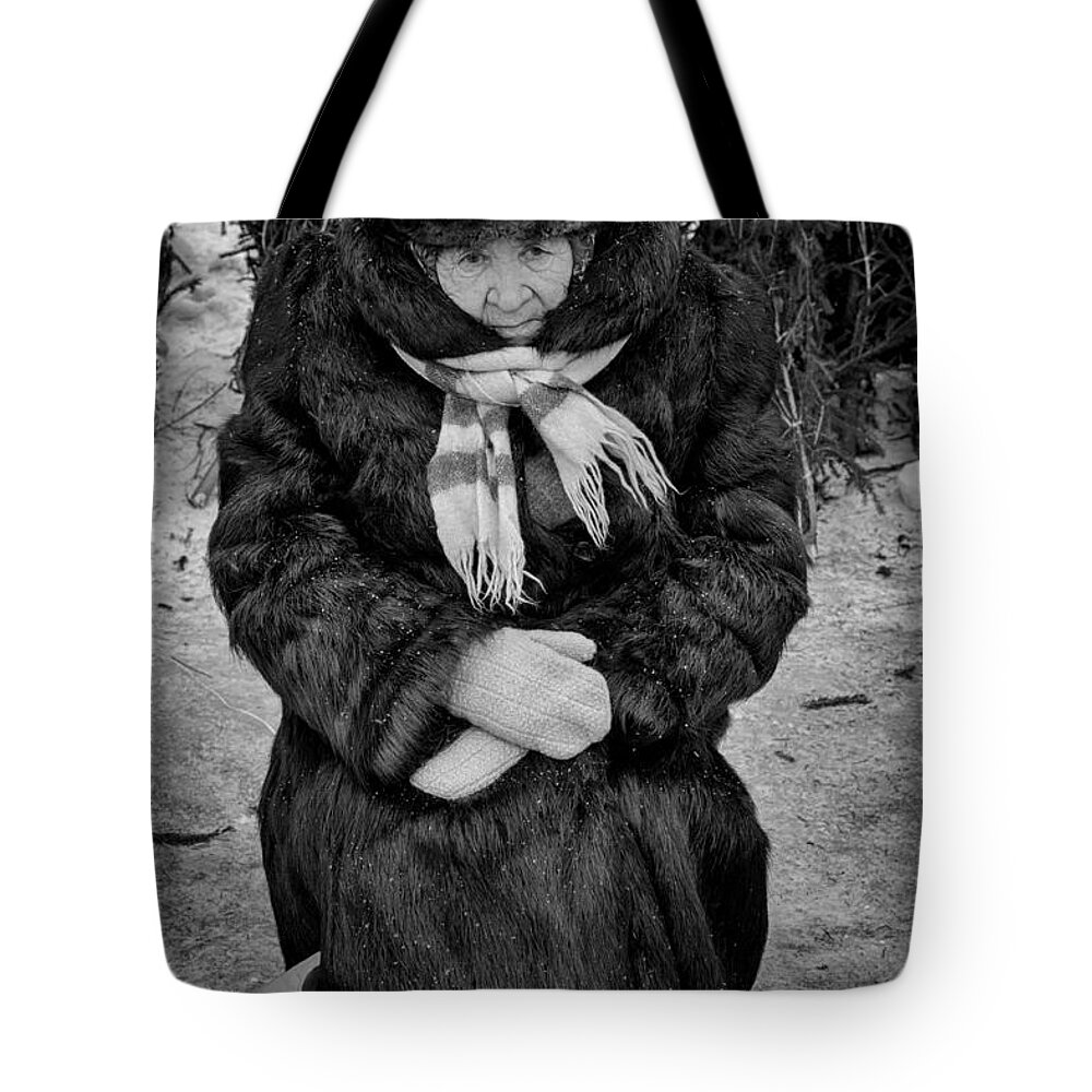 Street Photography Tote Bag featuring the photograph Old Woman in Fur Selling Berries in Winter by John Williams