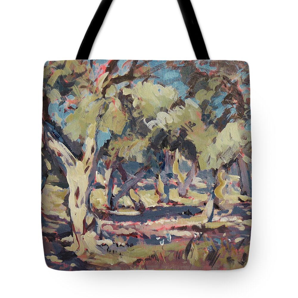 Olive Tote Bag featuring the painting Olive grove along Marmari Beach Paxos by Nop Briex
