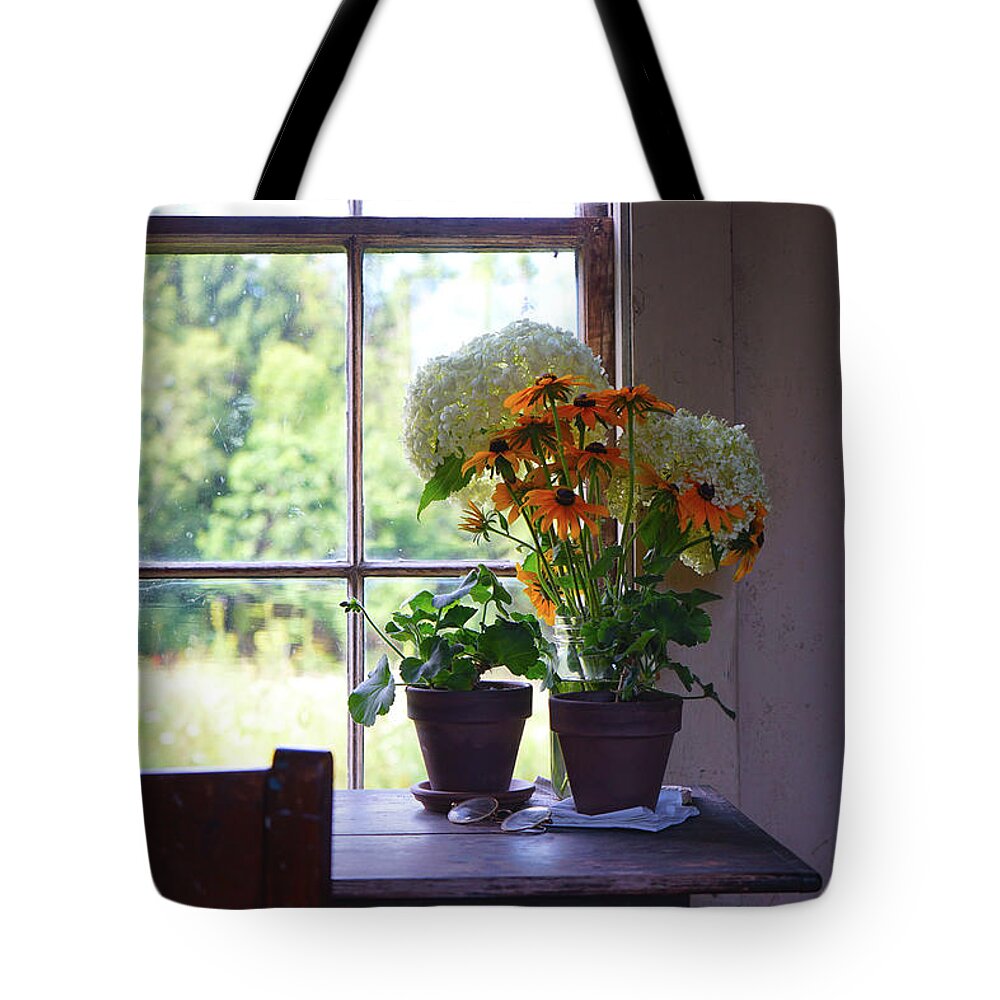 Wyeth Tote Bag featuring the photograph Olson House Flowers on Table by Paul Gaj