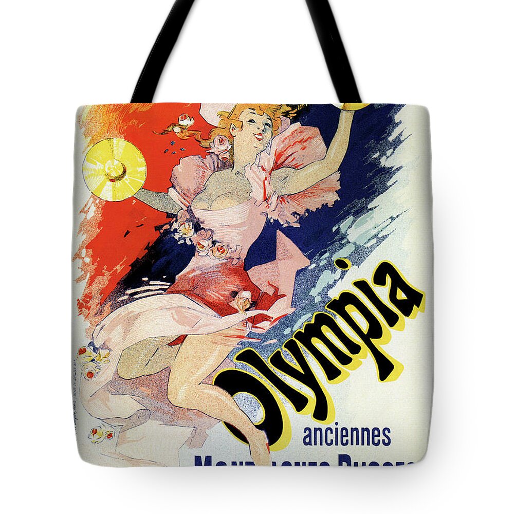 Art Nouveau Tote Bag featuring the drawing Olympia Paris by Jules Cheret by Heidi De Leeuw