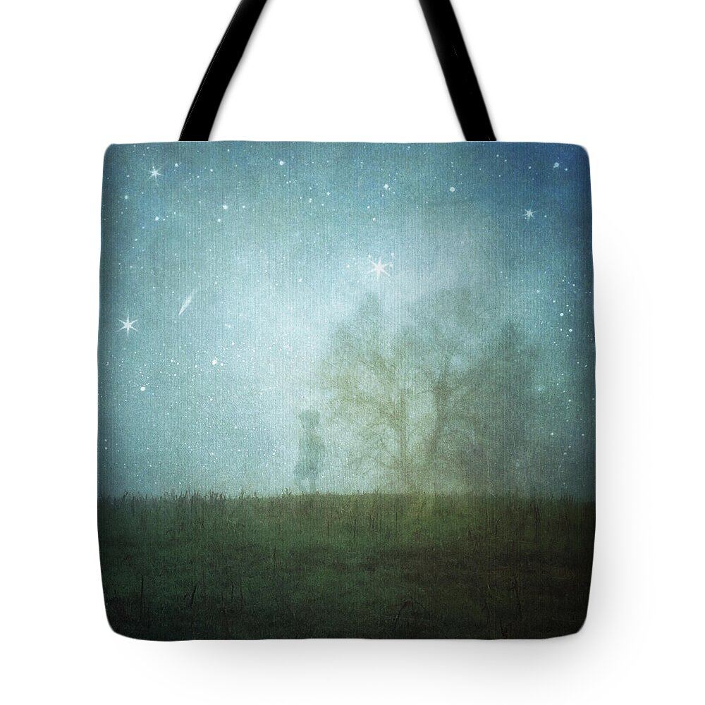 Digital Art Tote Bag featuring the digital art On A Starry Night, A Boy And His Tree by Melissa D Johnston