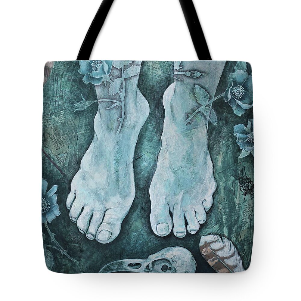 Feet Tote Bag featuring the mixed media On Sacred Ground by Sheri Howe