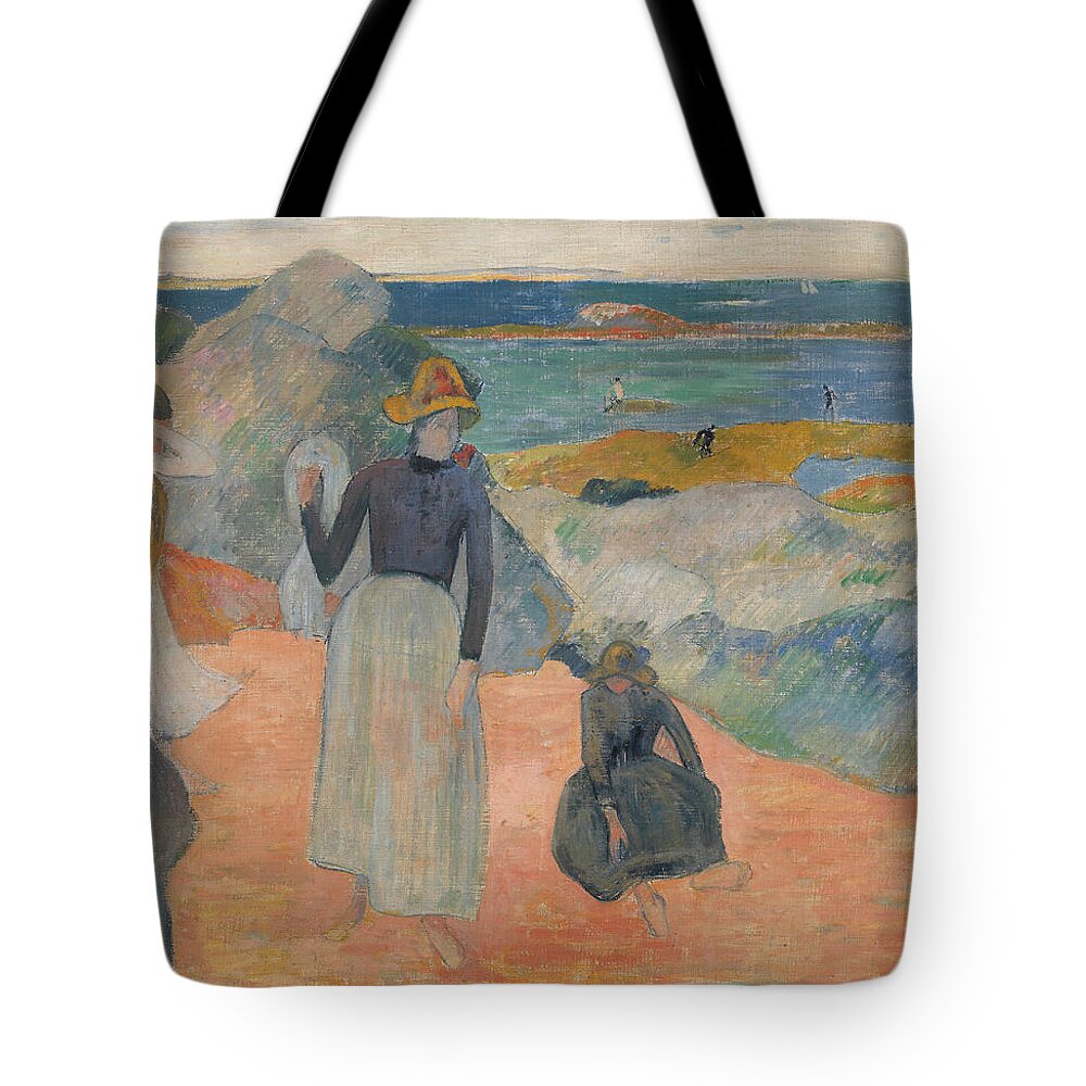 French Art Tote Bag featuring the painting On the Beach in Brittany by Paul Gauguin