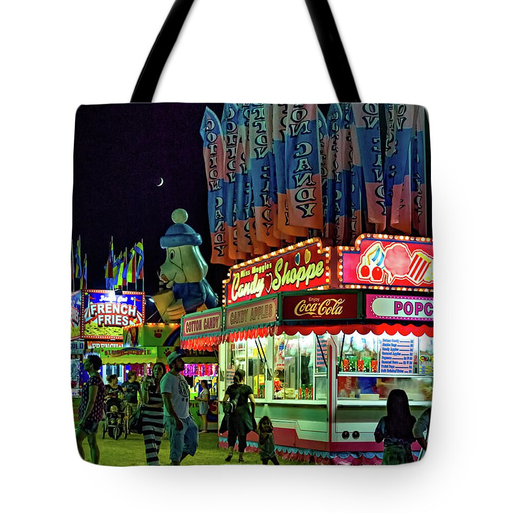 Bolton Tote Bag featuring the photograph On The Midway - Temptations Of The Night 3 by Steve Harrington