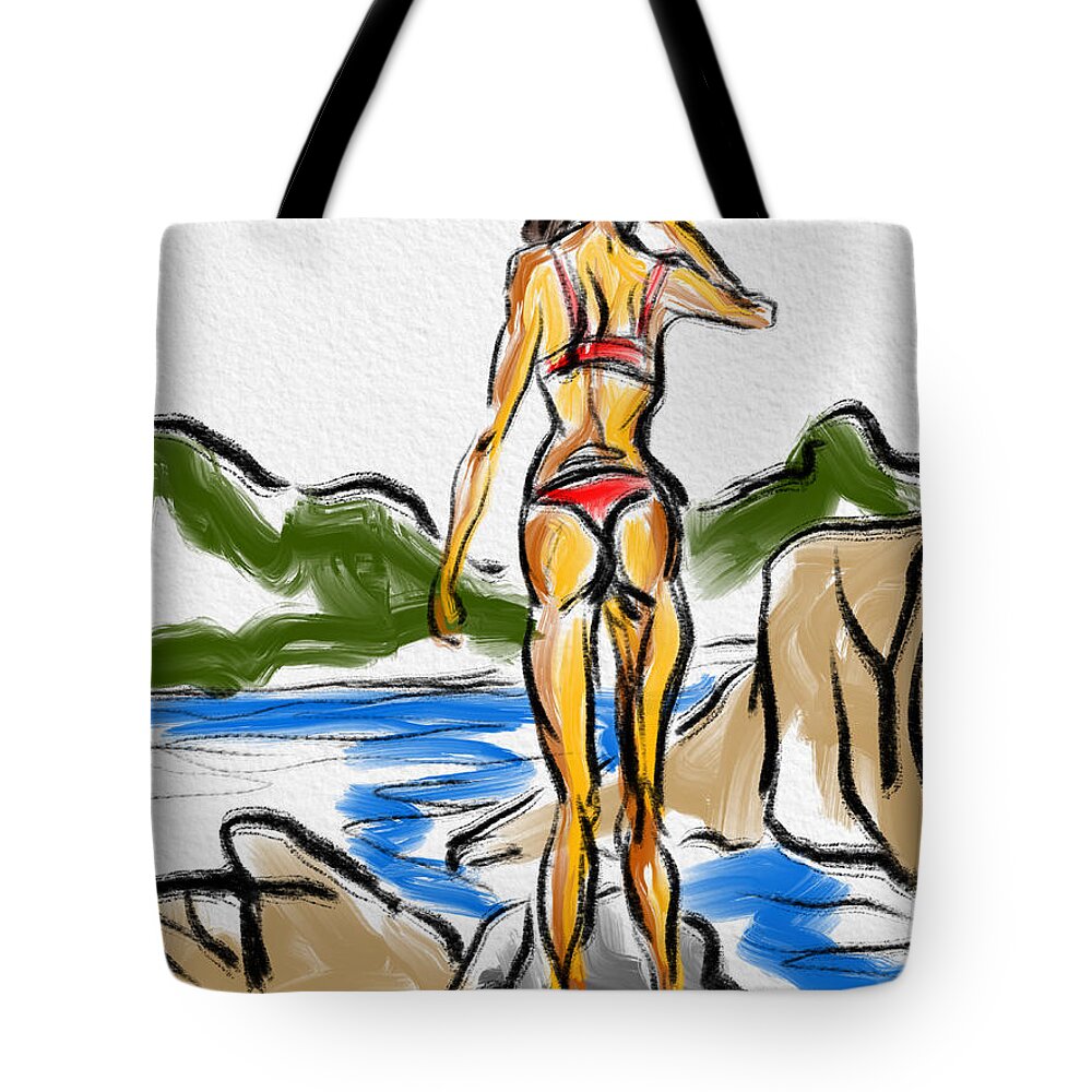 Beach Tote Bag featuring the digital art On The Rocks by Michael Kallstrom