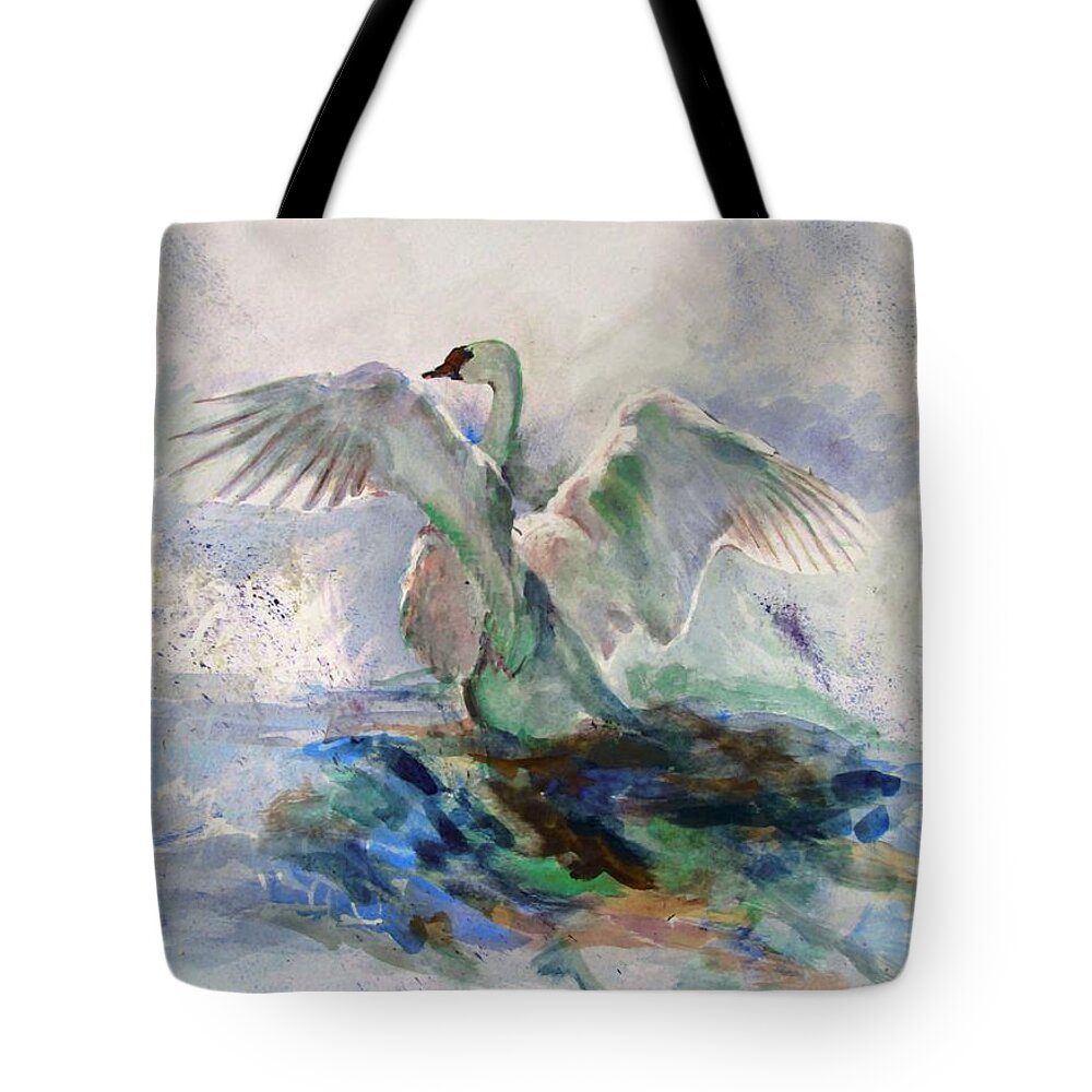 Bird Tote Bag featuring the painting On the water by Khalid Saeed