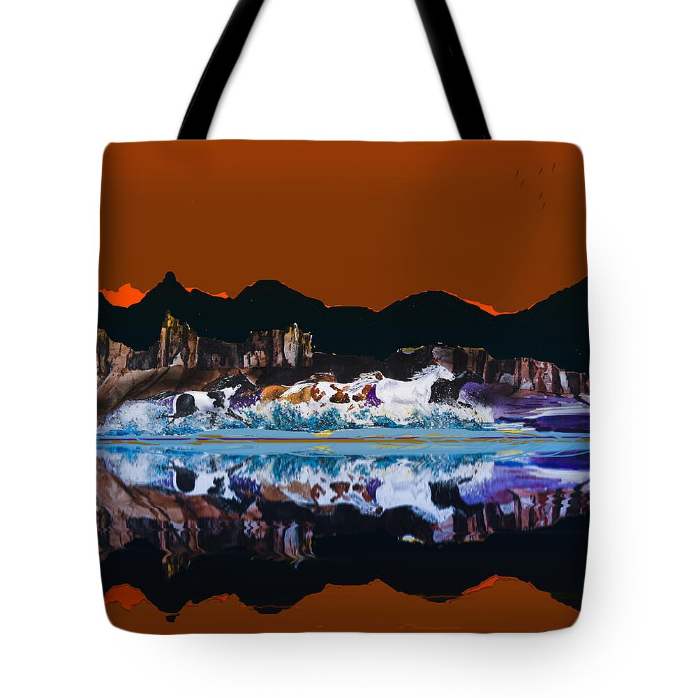 Horses Galloping Through Water Tote Bag featuring the digital art One Last Dash by J Griff Griffin