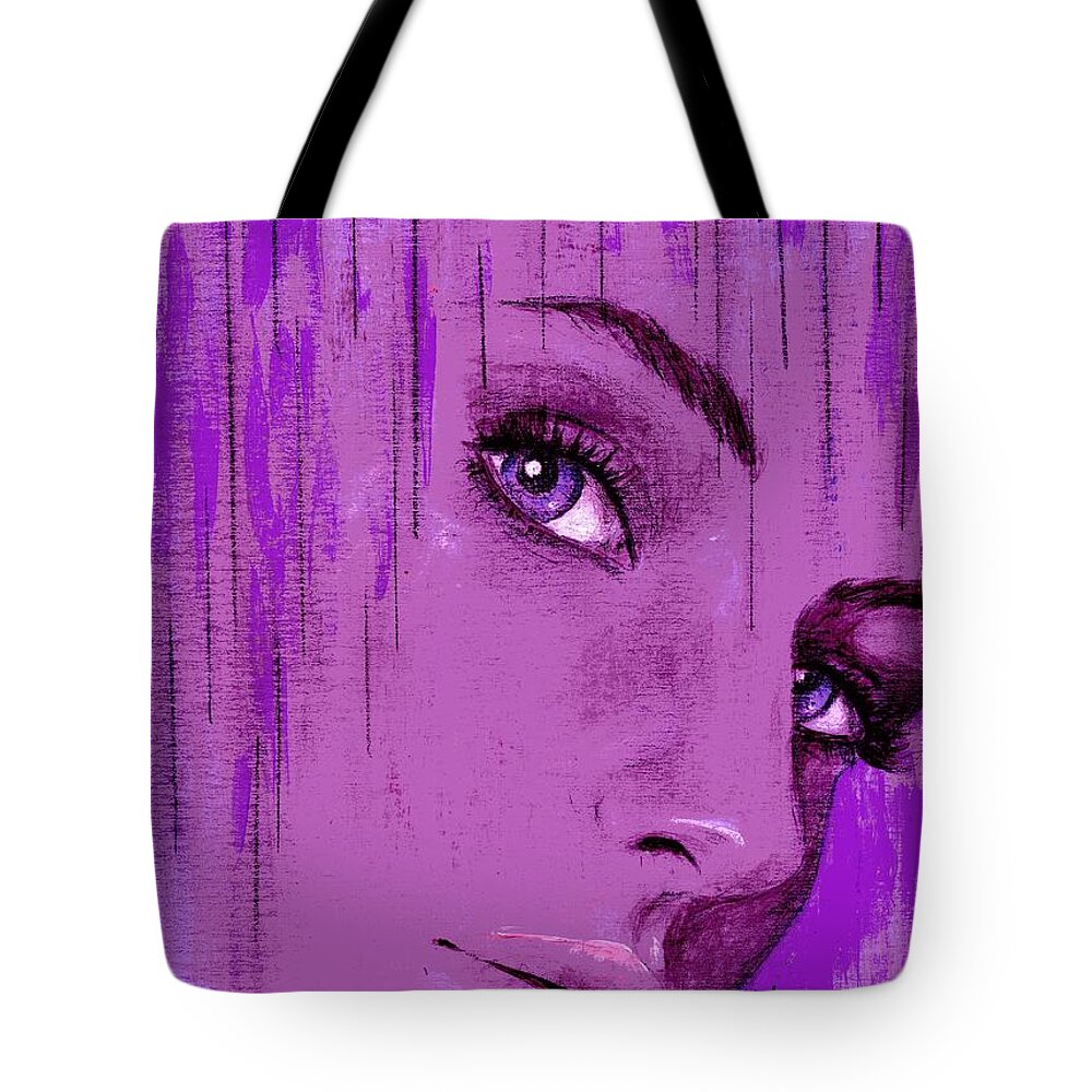 Purple Tote Bag featuring the painting One Last Look Back by PJ Lewis