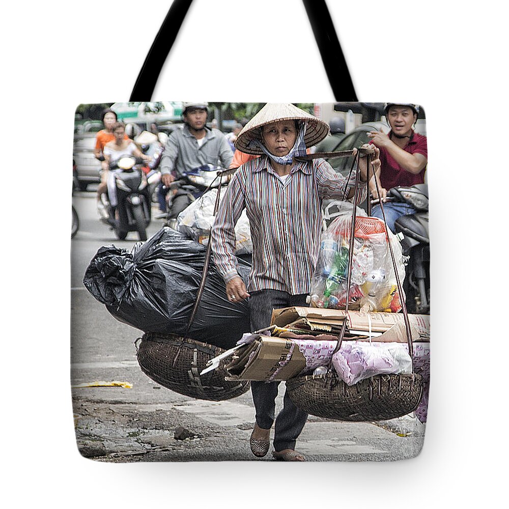 Vietnam Tote Bag featuring the photograph One woman street life Hanoi by Chuck Kuhn