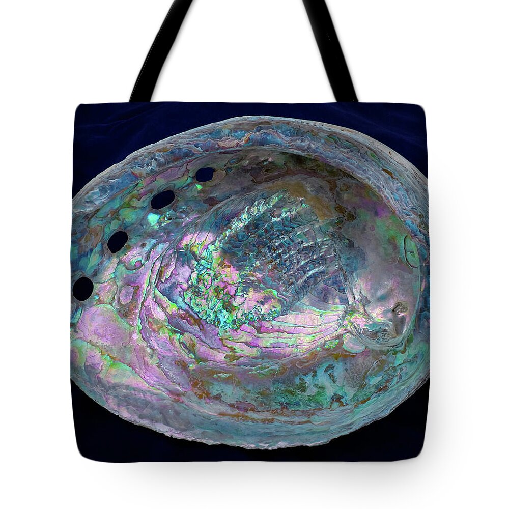 Abalone Tote Bag featuring the photograph Opalescent Abalone Seashell on Blue Velvet by Kathy Anselmo
