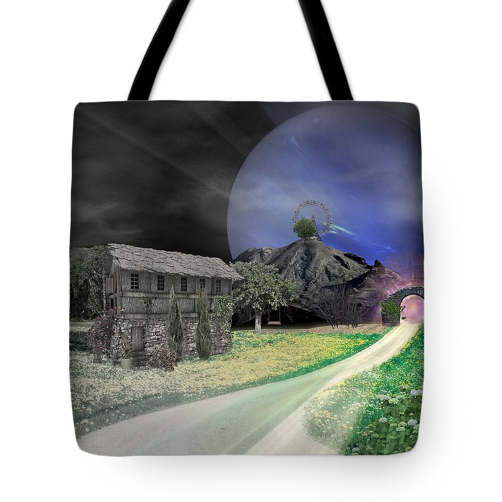 Fantasy Tote Bag featuring the mixed media Open Portal by Ally White