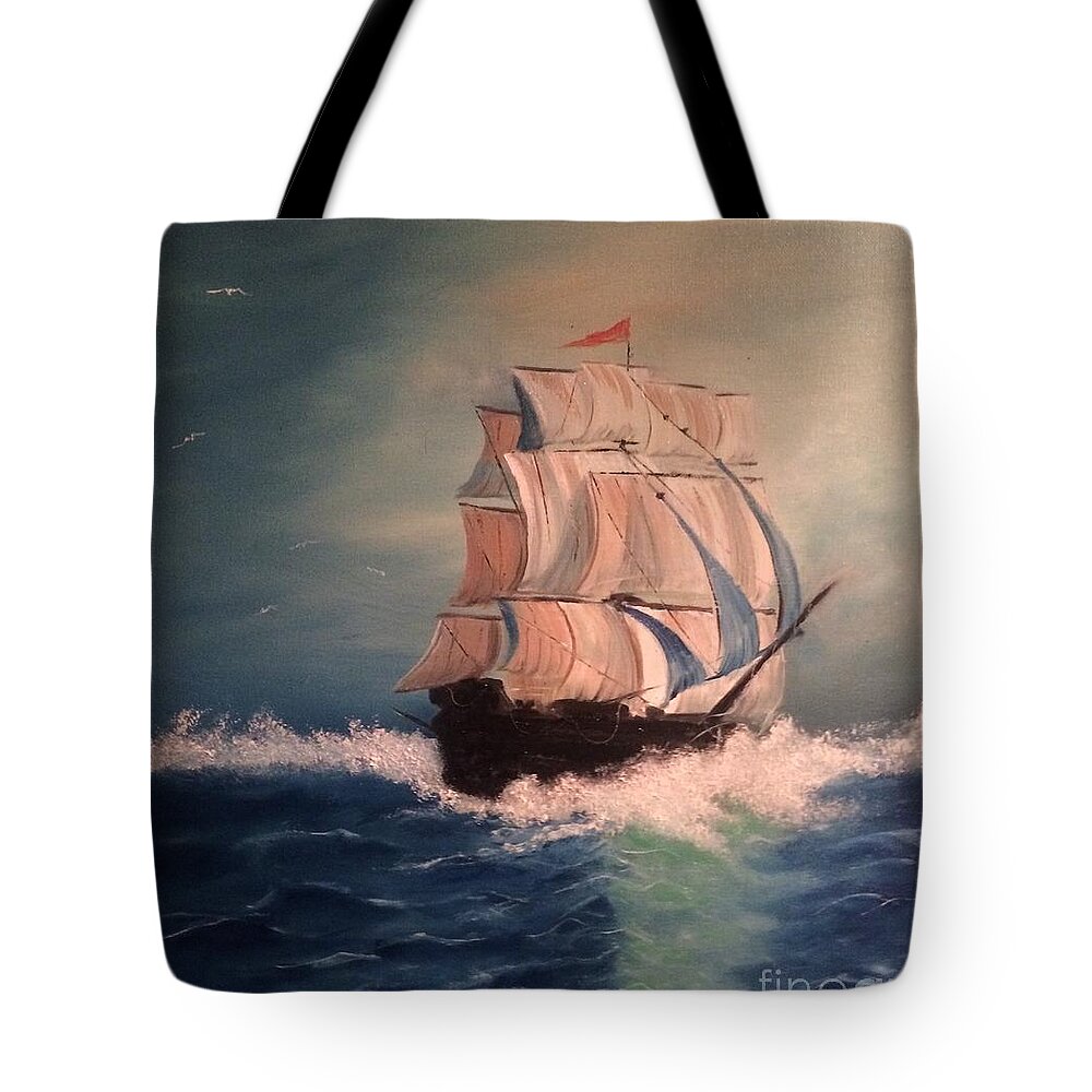 Clipper Ship Tote Bag featuring the painting Open Seas by Denise Tomasura
