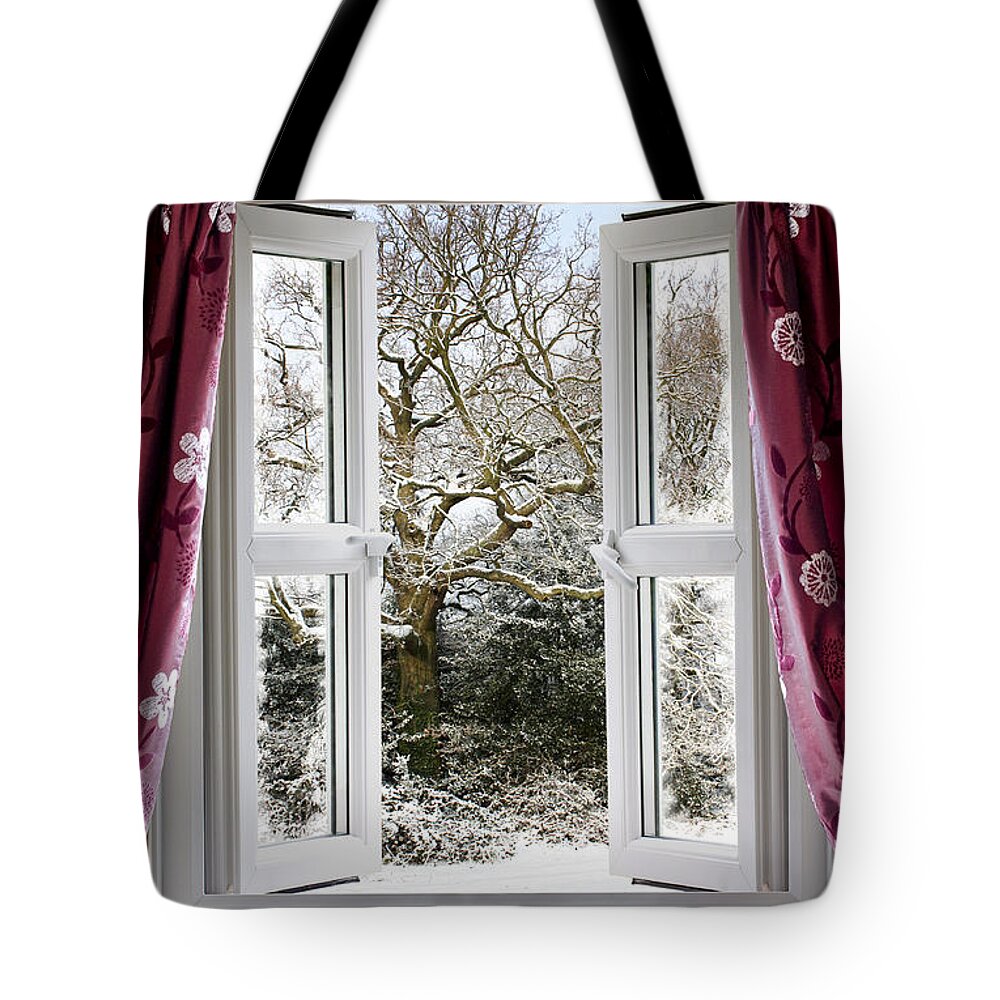 Window Tote Bag featuring the photograph Open window with winter scene by Simon Bratt